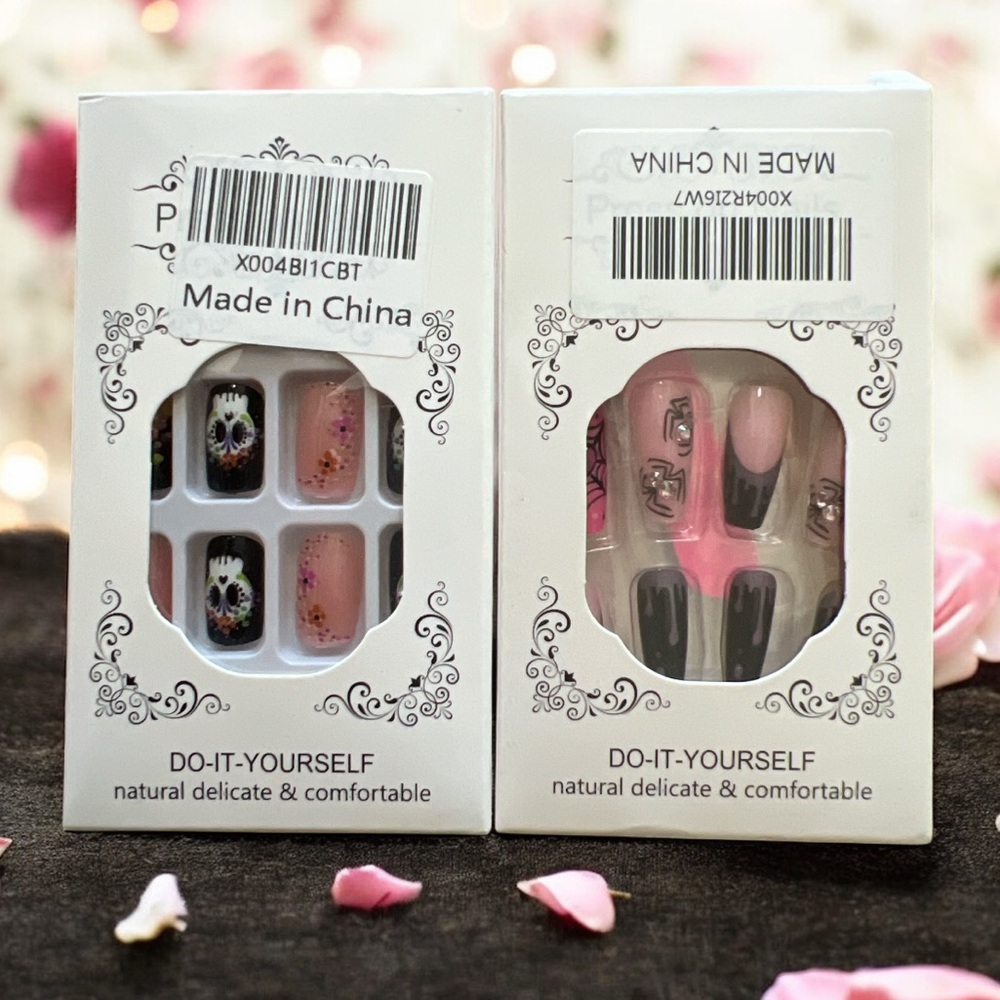 2 Pack DIY False Nail Sets Black Pink &‎ Floral Press On Nails Natural Look New